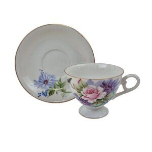 Lefton Teacup Saucer Set Japan Hand Painted Floral 4671 Gold Trim Vintage